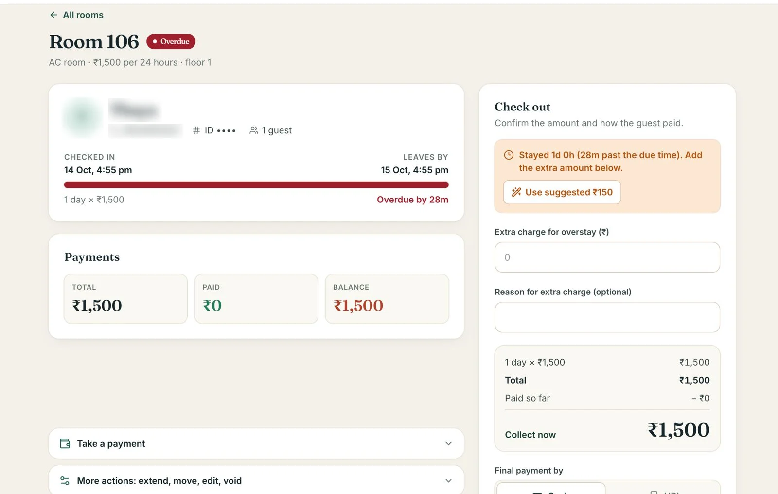 A room's check-out screen with the stay timeline, payments and an overstay charge suggestion